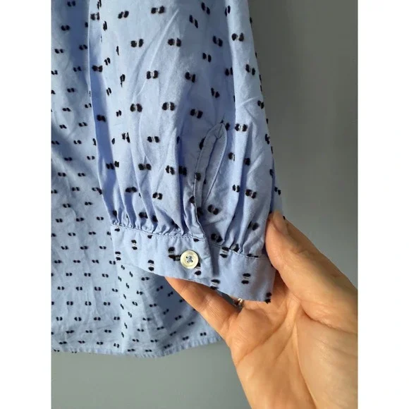 Talbots Women Light Blue Black Dot Print 3/4 Sleeve Button Neck Tunic Top Size L - Picture 10 of 12